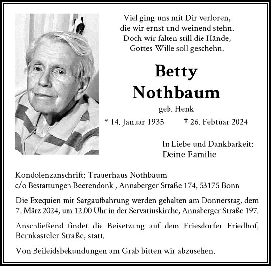 Anzeige von Betty Nothbaum von General-Anzeiger Bonn
