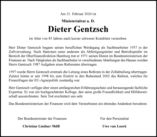 Anzeige von Dieter Gentzsch von General-Anzeiger Bonn