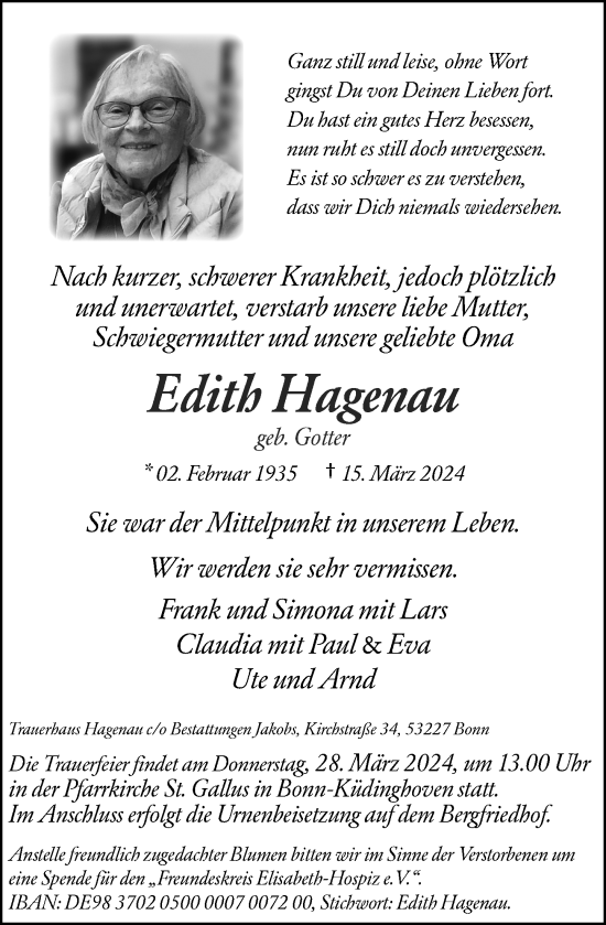 Anzeige von Edith Hagenau von General-Anzeiger Bonn