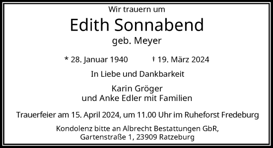 Anzeige von Edith Sonnabend von General-Anzeiger Bonn