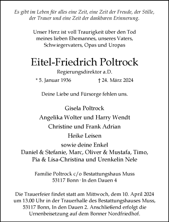 Anzeige von Eitel-Friedrich Poltrock von General-Anzeiger Bonn