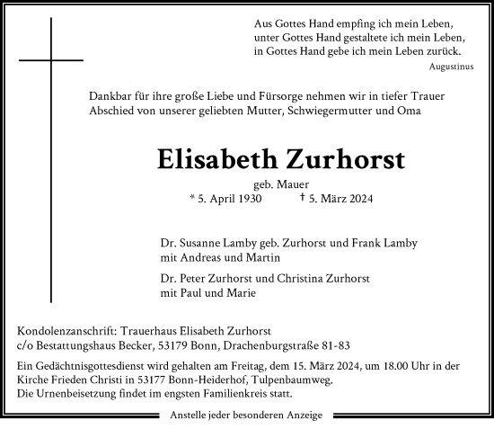 Anzeige von Elisabeth Zurhorst von General-Anzeiger Bonn