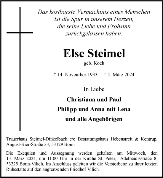 Anzeige von Else Steimel von General-Anzeiger Bonn