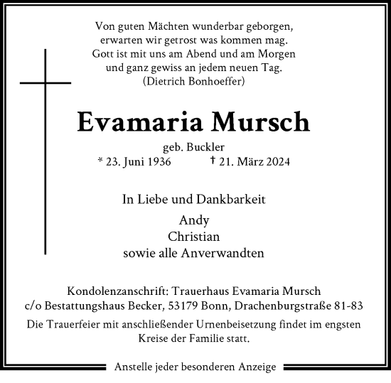 Anzeige von Evamaria Mursch von General-Anzeiger Bonn