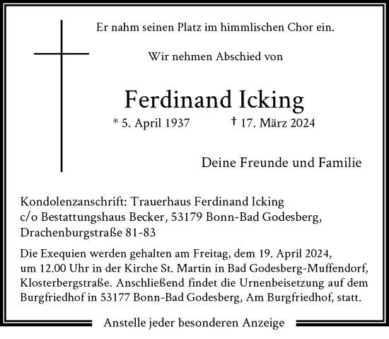 Anzeige von Ferdinand Icking von General-Anzeiger Bonn