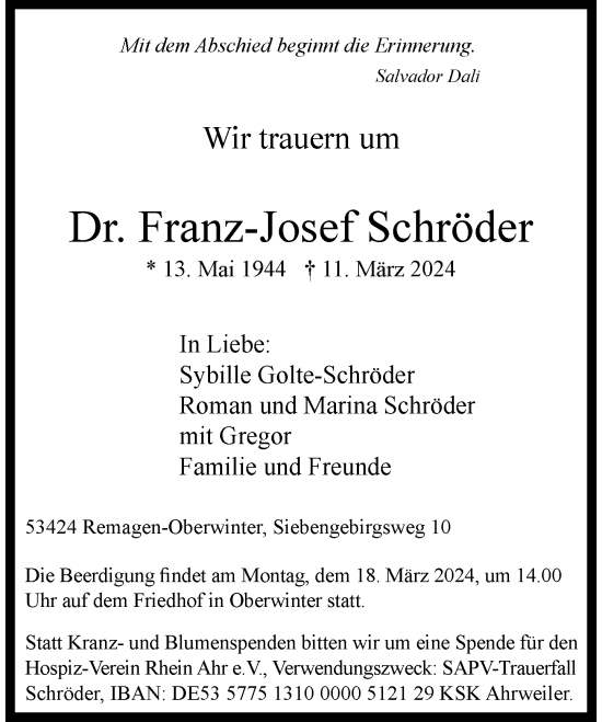 Anzeige von Franz-Josef Schröder von General-Anzeiger Bonn