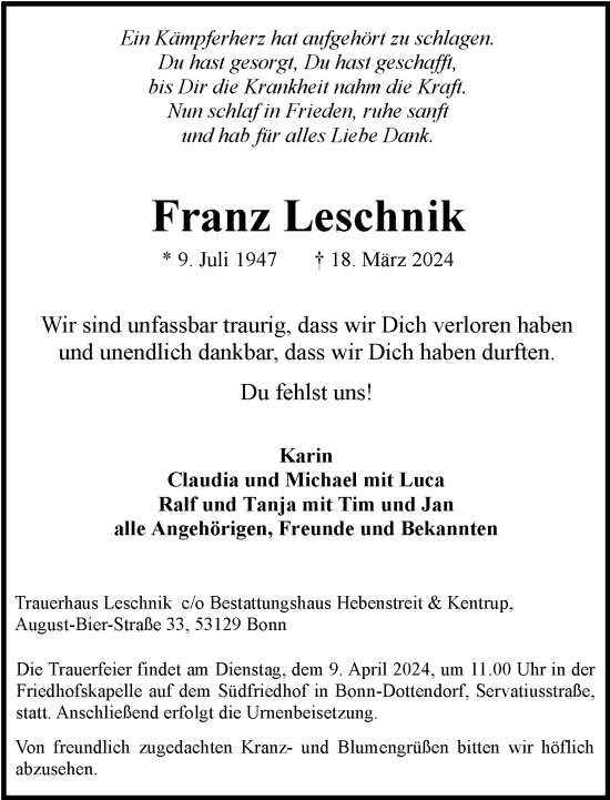 Anzeige von Franz Leschnik von General-Anzeiger Bonn