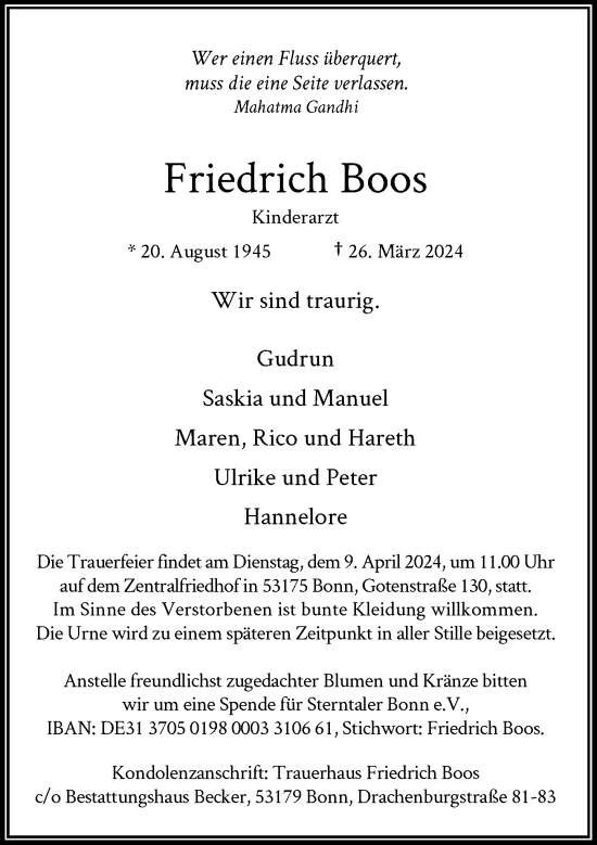 Anzeige von Friedrich Boos von General-Anzeiger Bonn