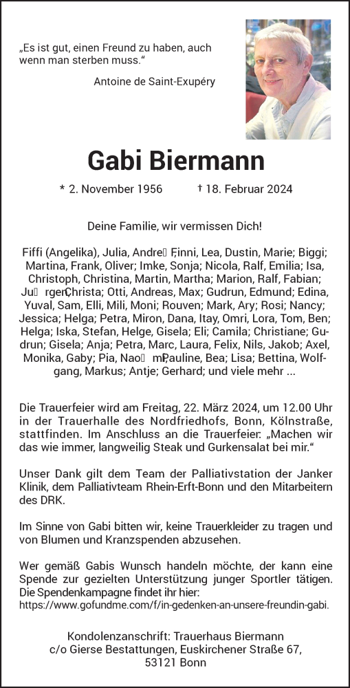 Anzeige von Gabi Biermann von General-Anzeiger Bonn