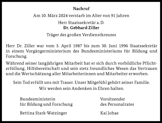 Anzeige von Gebhard Ziller von General-Anzeiger Bonn