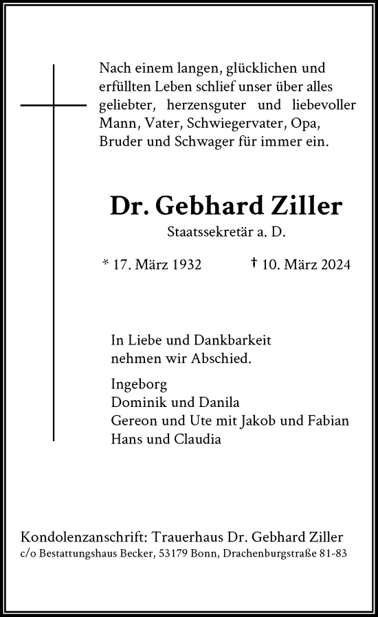 Anzeige von Gebhard Ziller von General-Anzeiger Bonn