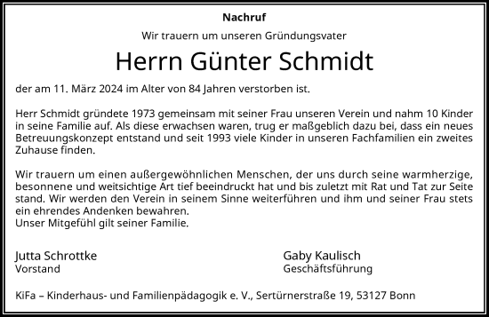 Anzeige von Günter Schmidt von General-Anzeiger Bonn