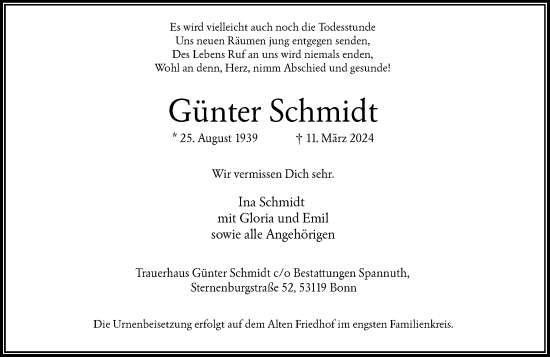 Anzeige von Günter Schmidt von General-Anzeiger Bonn
