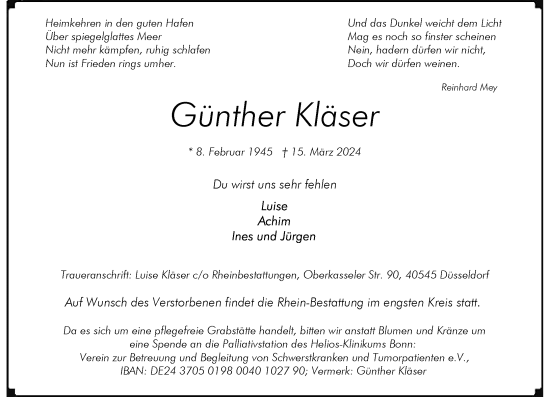Anzeige von Günther Kläser von General-Anzeiger Bonn