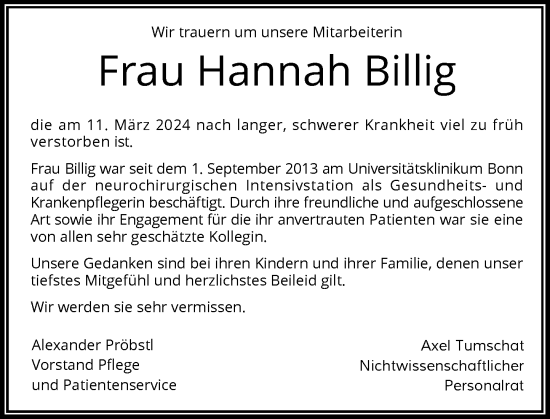 Anzeige von Hannah Billig von General-Anzeiger Bonn