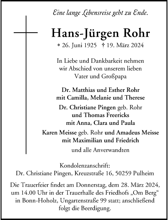 Anzeige von Hans-Jürgen Rohr von General-Anzeiger Bonn