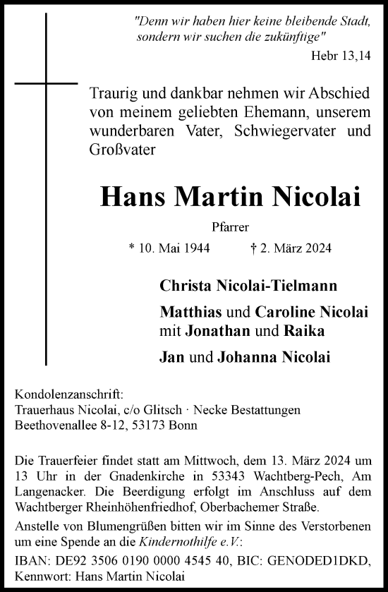 Anzeige von Hans Martin Nicolai von General-Anzeiger Bonn