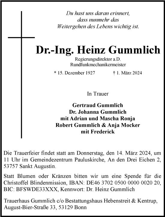 Anzeige von Heinz Gummlich von General-Anzeiger Bonn