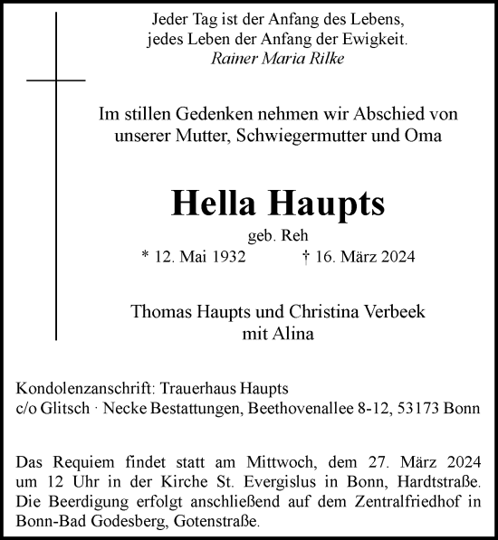 Anzeige von Hella Haupts von General-Anzeiger Bonn