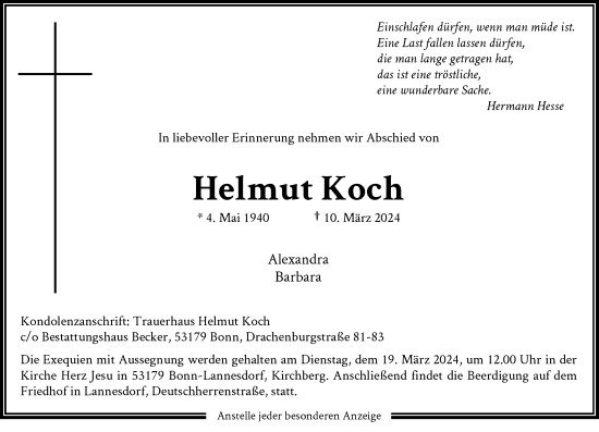 Anzeige von Helmut Koch von General-Anzeiger Bonn
