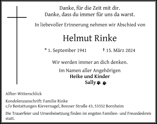 Anzeige von Helmut Rinke von General-Anzeiger Bonn