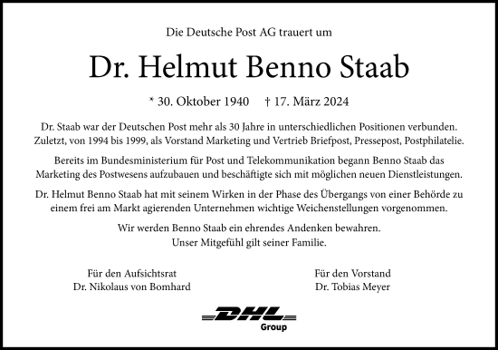 Anzeige von Helmut Benno Staab von General-Anzeiger Bonn