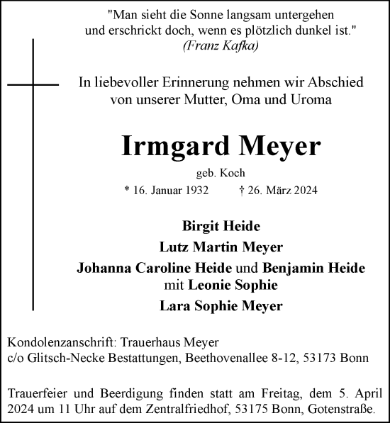 Anzeige von Irmgard Meyer von General-Anzeiger Bonn