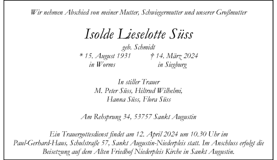 Anzeige von Isolde Lieselotte Süss von General-Anzeiger Bonn