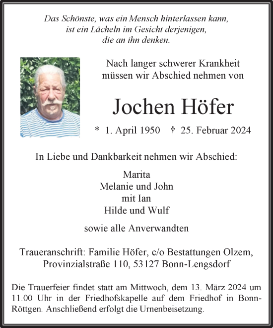Anzeige von Jochen Höfer von General-Anzeiger Bonn