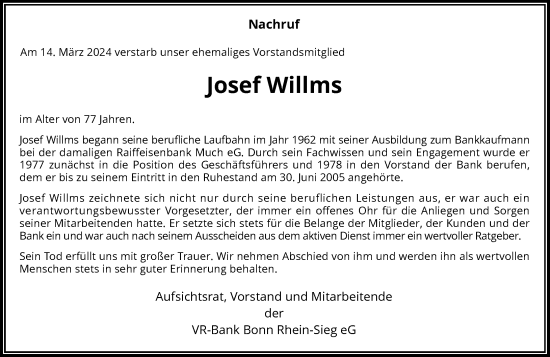 Anzeige von Josef Willms von General-Anzeiger Bonn