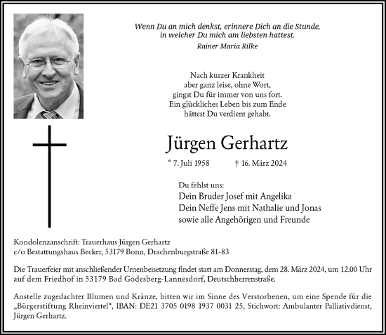 Anzeige von Jürgen Gerhartz von General-Anzeiger Bonn