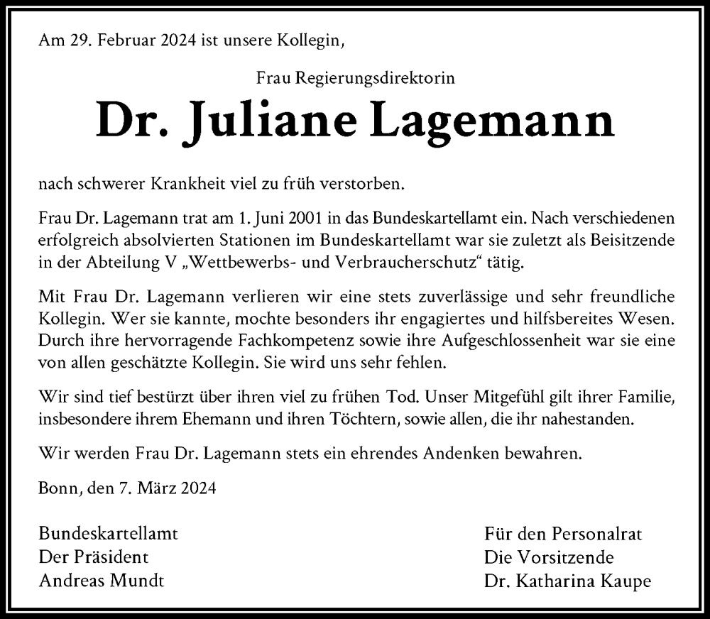  Traueranzeige für Juliane Lagemann vom 09.03.2024 aus General-Anzeiger Bonn