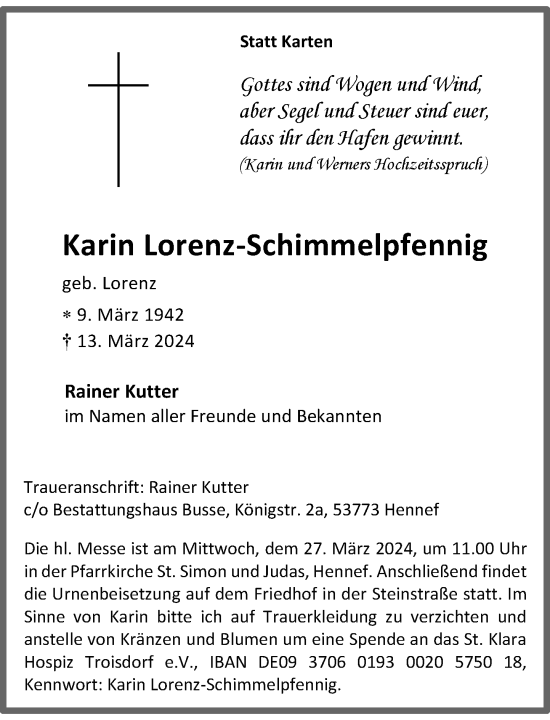 Anzeige von Karin Lorenz-Schimmelpfennig von General-Anzeiger Bonn