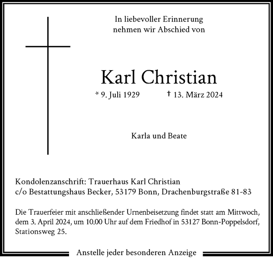 Anzeige von Karl Christian von General-Anzeiger Bonn