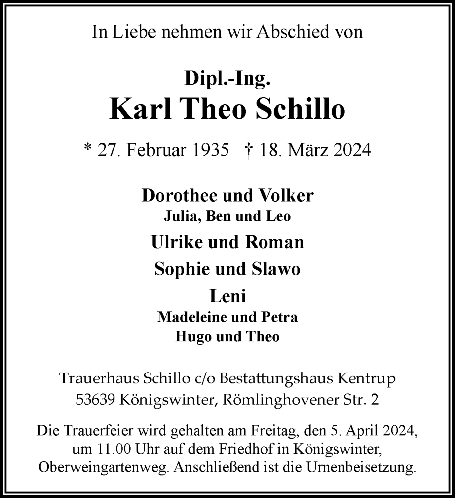  Traueranzeige für Karl Theo Schillo vom 23.03.2024 aus General-Anzeiger Bonn