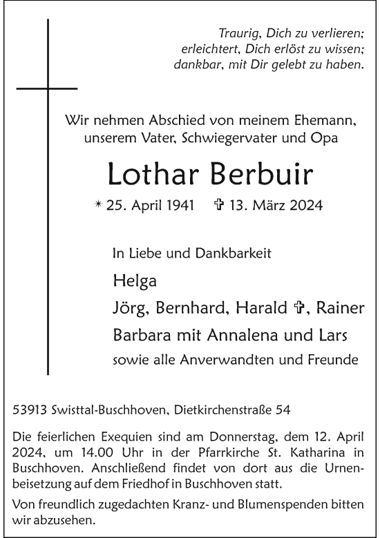 Anzeige von Lothar Berbuir von General-Anzeiger Bonn