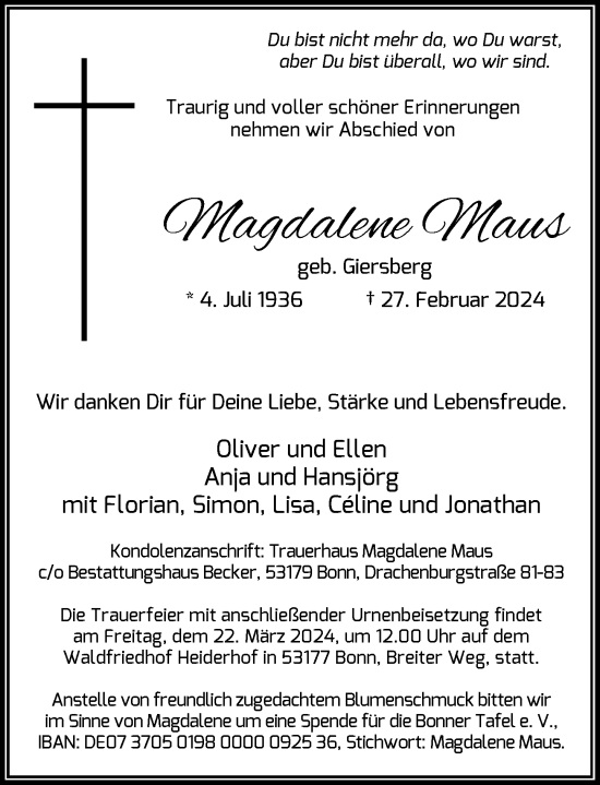 Anzeige von Magdalene Maus von General-Anzeiger Bonn