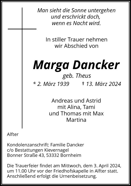 Anzeige von Marga Dancker von General-Anzeiger Bonn