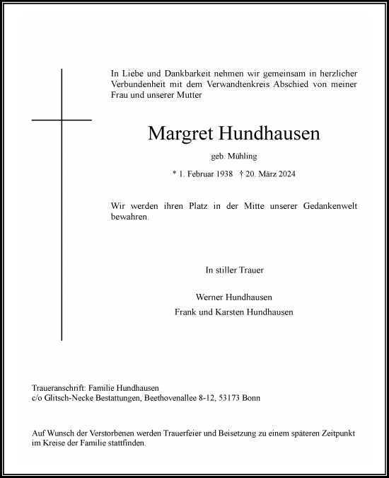 Anzeige von Margret Hundhausen von General-Anzeiger Bonn