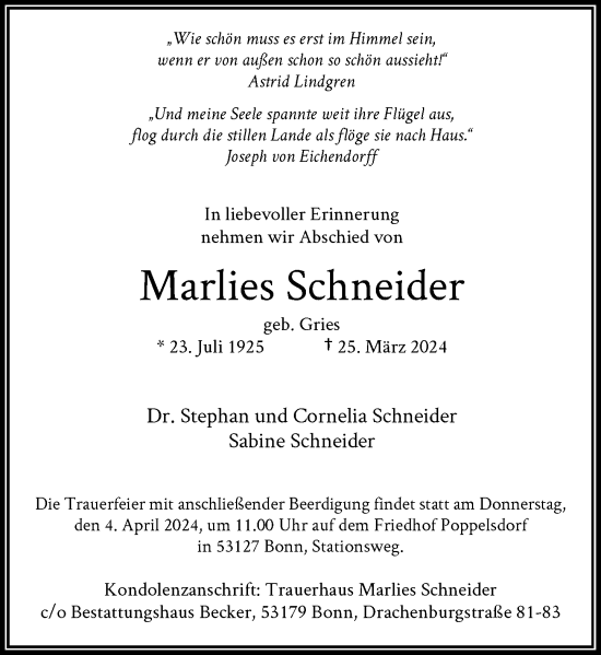 Anzeige von Marlies Schneider von General-Anzeiger Bonn