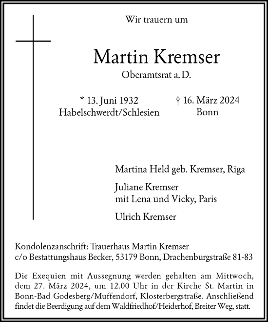 Anzeige von Martin Kremser von General-Anzeiger Bonn