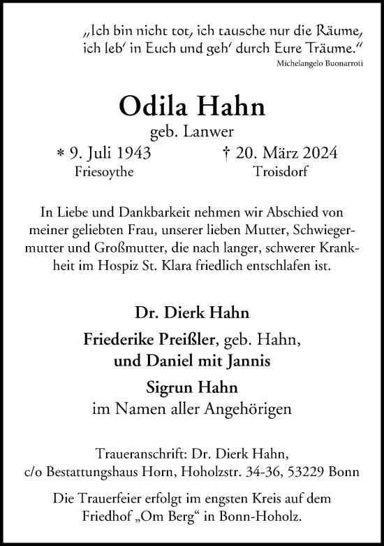 Anzeige von Odila Hahn von General-Anzeiger Bonn