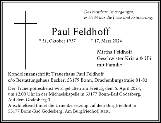 Anzeige von Paul Feldhoff von General-Anzeiger Bonn
