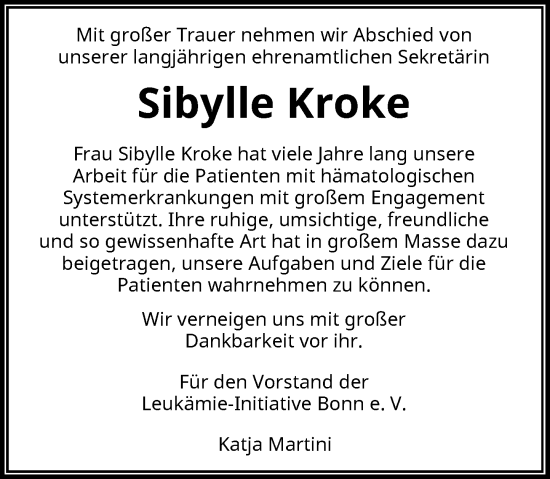 Anzeige von Sibylle Kroke von General-Anzeiger Bonn