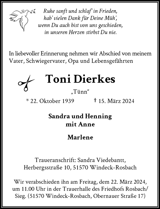 Anzeige von Toni Dierkes von General-Anzeiger Bonn