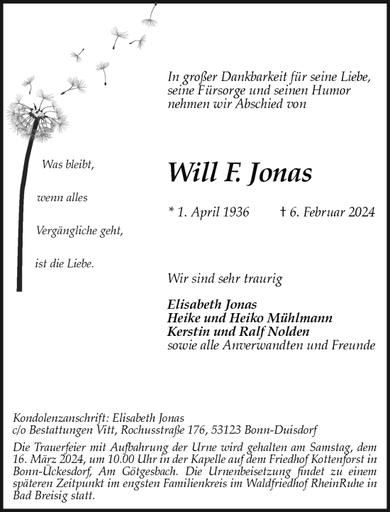 Anzeige von Will F. Jonas von General-Anzeiger Bonn
