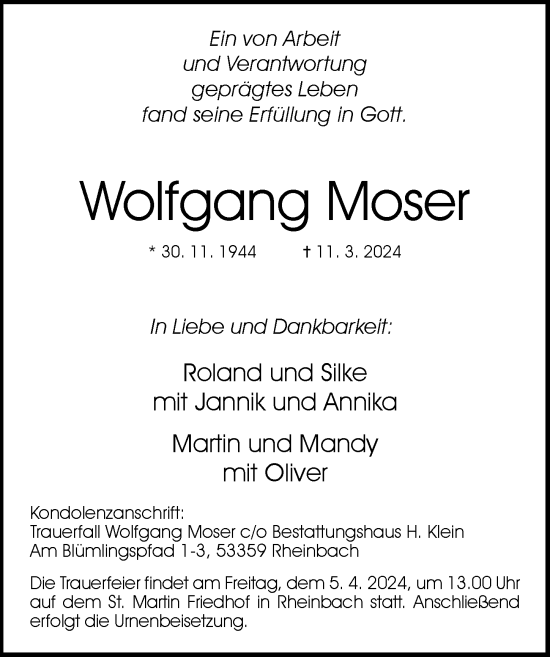 Anzeige von Wolfgang Moser von General-Anzeiger Bonn