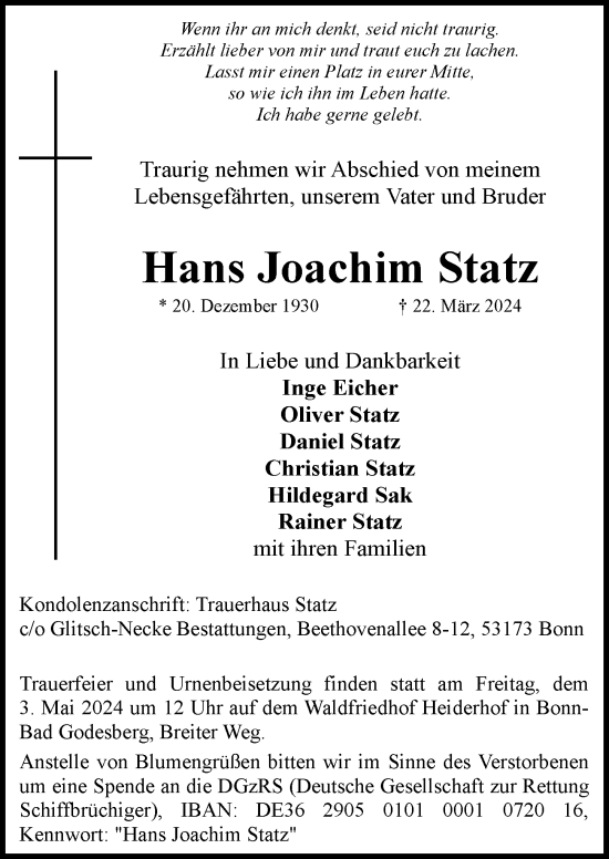 Anzeige von Hans Joachim Statz von General-Anzeiger Bonn