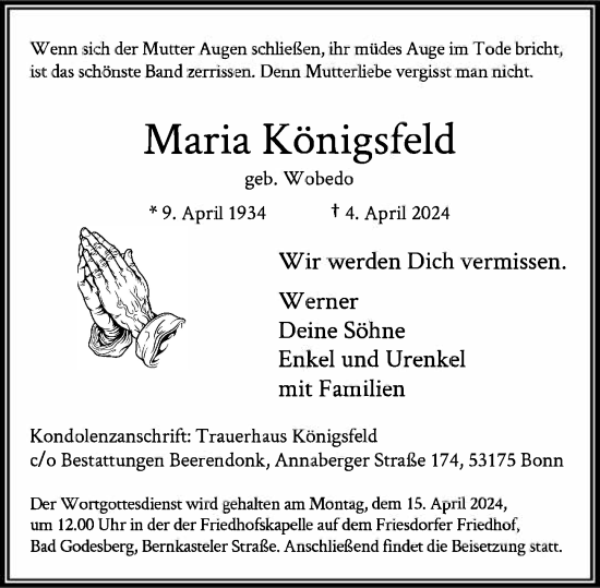 Anzeige von Maria Königsfeld von General-Anzeiger Bonn