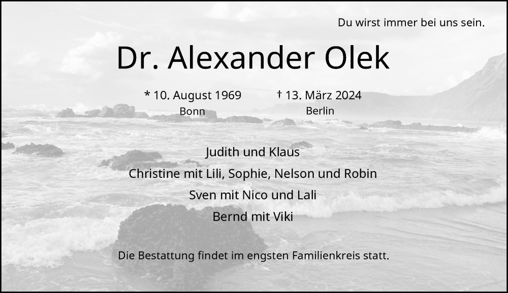  Traueranzeige für Alexander Olek vom 06.04.2024 aus General-Anzeiger Bonn